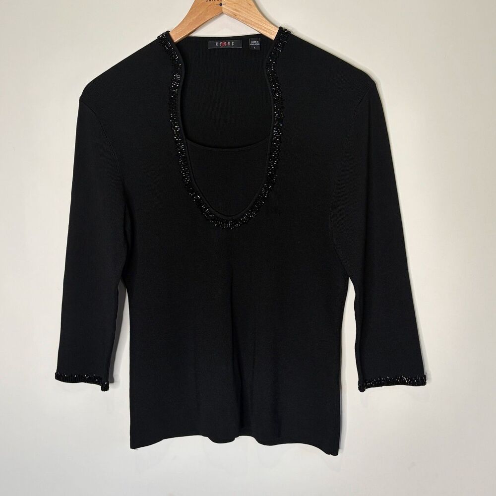 Vintage Cyrus Blouse Beaded Whimsygoth Dark Fairy Black Y2K 3/4 Sleeve Women L
